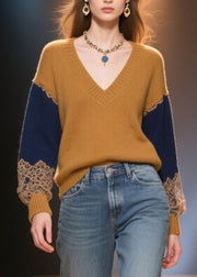 Italian Brown V Neck Patchwork Thick Sweater Tops Winter