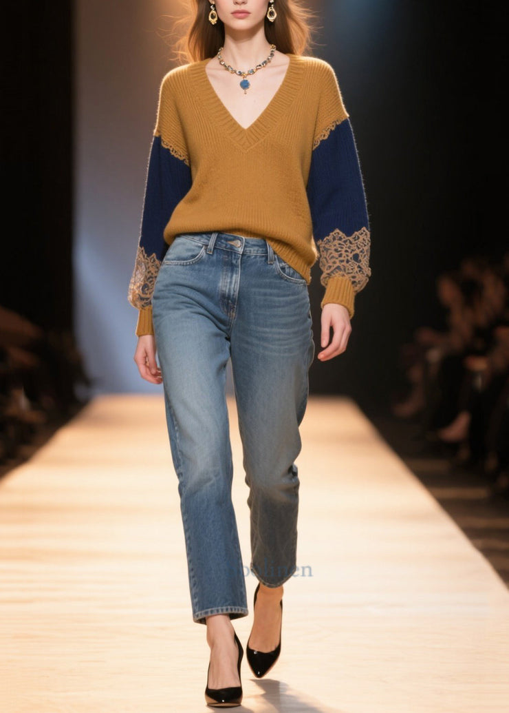 Italian Brown V Neck Patchwork Thick Sweater Tops Winter