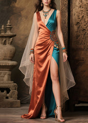 Italian Caramel Asymmetrical Tulle Patchwork Side Open Silk Dresses Summer