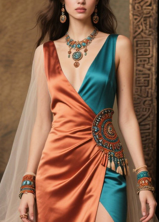 Italian Caramel Asymmetrical Tulle Patchwork Side Open Silk Dresses Summer