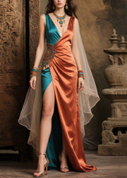 Italian Caramel Asymmetrical Tulle Patchwork Side Open Silk Dresses Summer