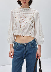 Italian Caramel Embroidered Lace Patchwork Cotton Shirt Top Fall