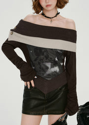 Italian Chocolate Cold Shoulder Patchwork Knit Shirts Spring