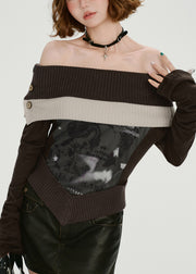 Italian Chocolate Cold Shoulder Patchwork Knit Shirts Spring