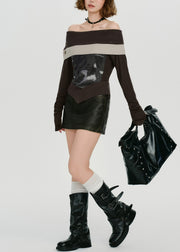 Italian Chocolate Cold Shoulder Patchwork Knit Shirts Spring