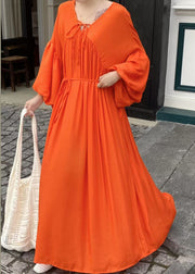 Italian Chocolate Oversized Lace Up Cotton Vacation Dresses Lantern Sleeve