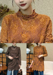 Italian Coffee Hollow Out Tie Waist Lace Mini Dress Fall