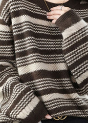 Italian Chocolate O-Neck Chunky Oversized Striped Wool Knitted Sweaters Winter