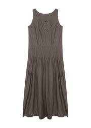 Italian Coffee O Neck Wrinkled Cotton Long Dresses Sleeveless