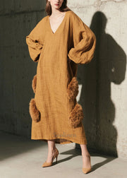 Italian Coffee Oversized Patchwork Faux Fur Vacation Dresses Fall