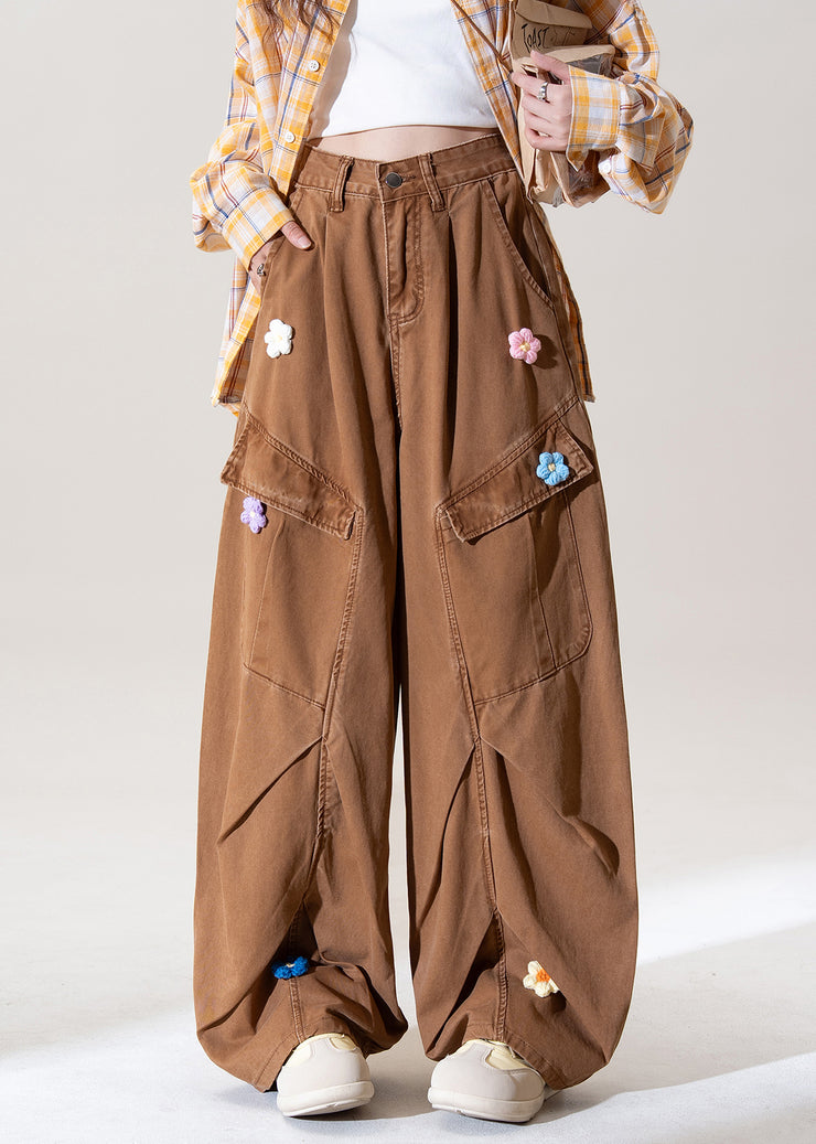 Italian Coffee Pockets Floral Denim Straight Pants Fall