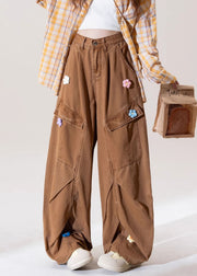 Italian Coffee Pockets Floral Denim Straight Pants Fall