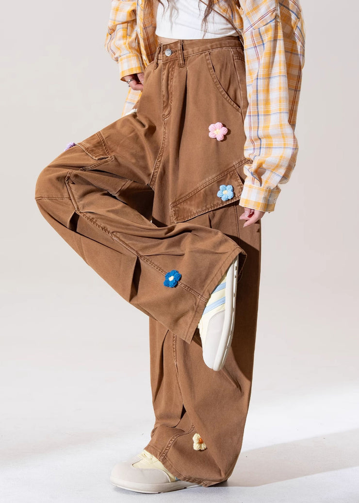 Italian Coffee Pockets Floral Denim Straight Pants Fall