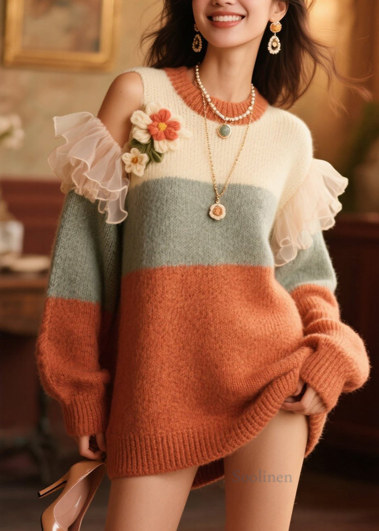 Italian Cold Shoulder Ruffled Floral Knit Sweater Fall