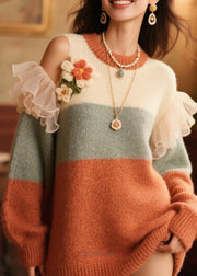 Italian Cold Shoulder Ruffled Floral Knit Sweater Fall