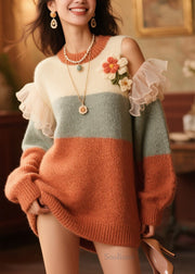 Italian Cold Shoulder Ruffled Floral Knit Sweater Fall