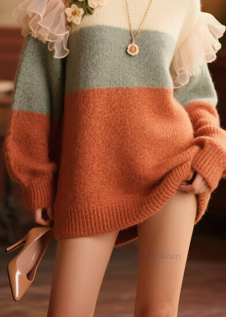 Italian Cold Shoulder Ruffled Floral Knit Sweater Fall