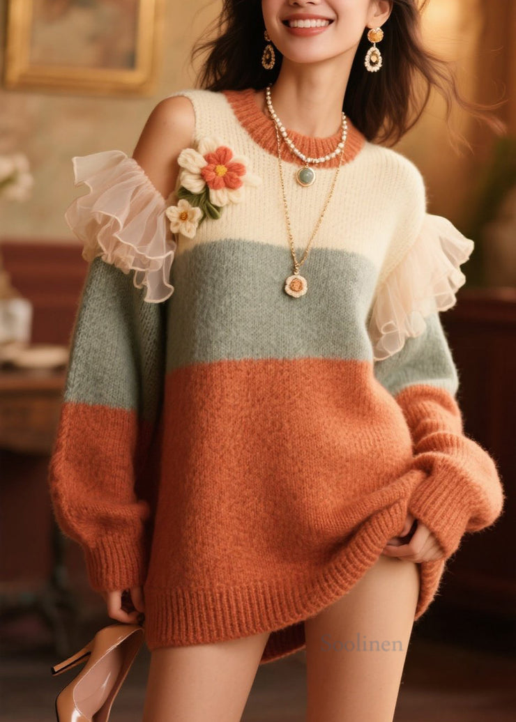 Italian Cold Shoulder Ruffled Floral Knit Sweater Fall