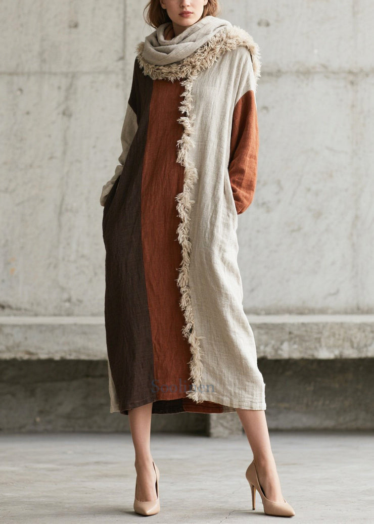 Italian Colorblock Asymmetrical Patchwork Faux Fur Maxi Dresses Fall