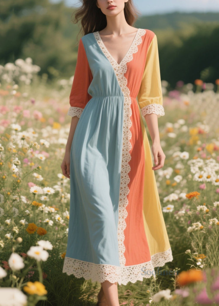 Italian Colorblock Asymmetrical Patchwork Lace Long Dress Summer