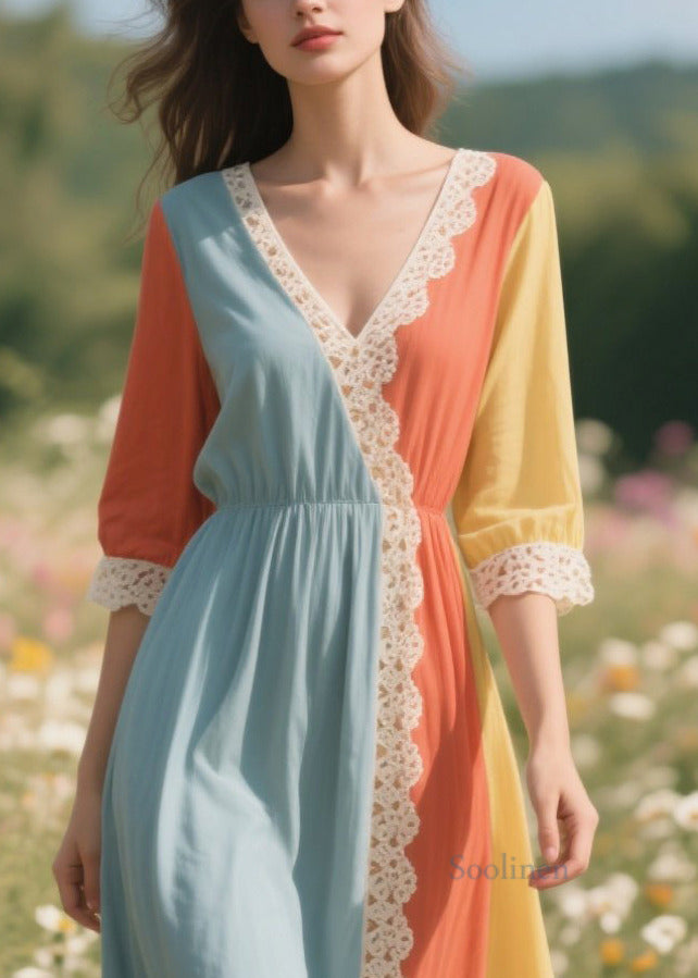 Italian Colorblock Asymmetrical Patchwork Lace Long Dress Summer