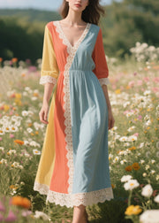 Italian Colorblock Asymmetrical Patchwork Lace Long Dress Summer