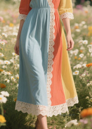 Italian Colorblock Asymmetrical Patchwork Lace Long Dress Summer