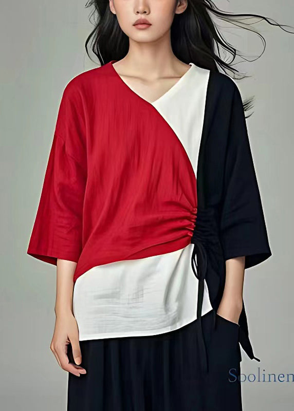Italian Colorblock Cinched Patchwork Linen Shirt Tops Summer