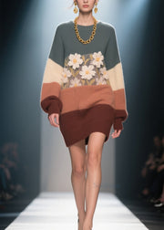 Italian Colorblock O Neck Floral Knit Dress Winter
