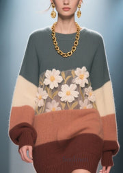 Italian Colorblock O Neck Floral Knit Dress Winter