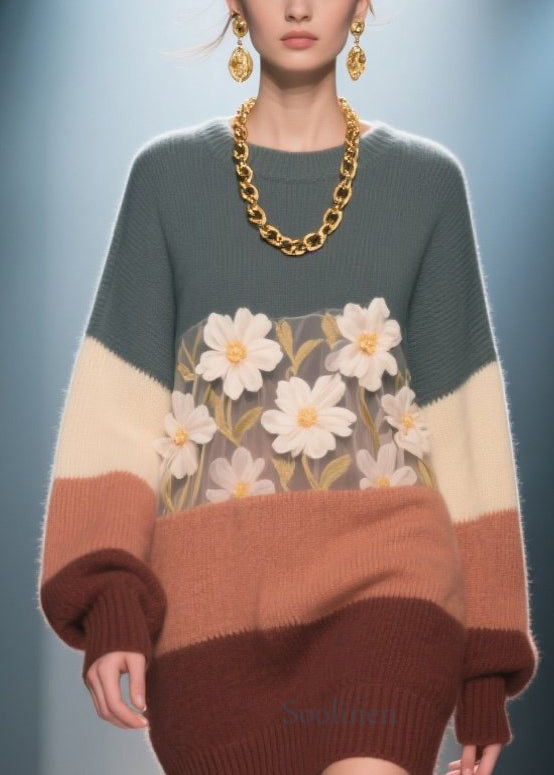 Italian Colorblock O Neck Floral Knit Dress Winter