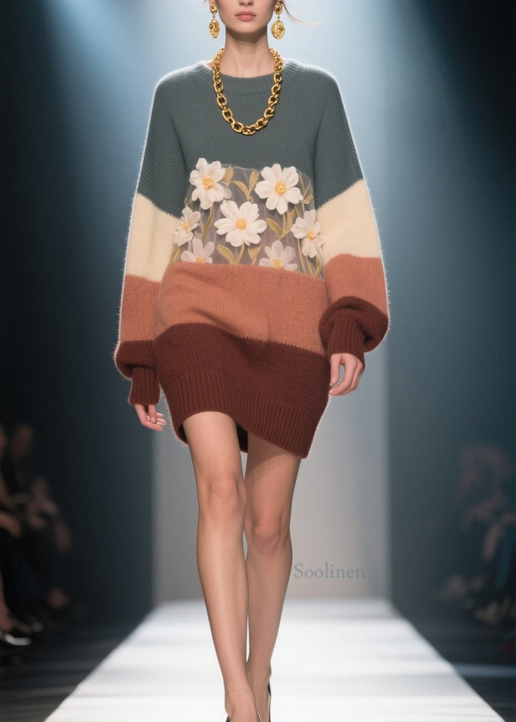Italian Colorblock O Neck Floral Knit Dress Winter