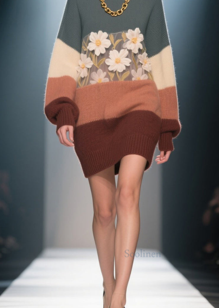 Italian Colorblock O Neck Floral Knit Dress Winter
