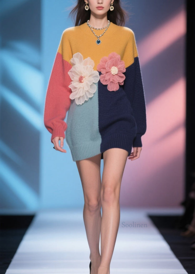 Italian Colorblock O Neck Floral Knit Mid Sweater Fall