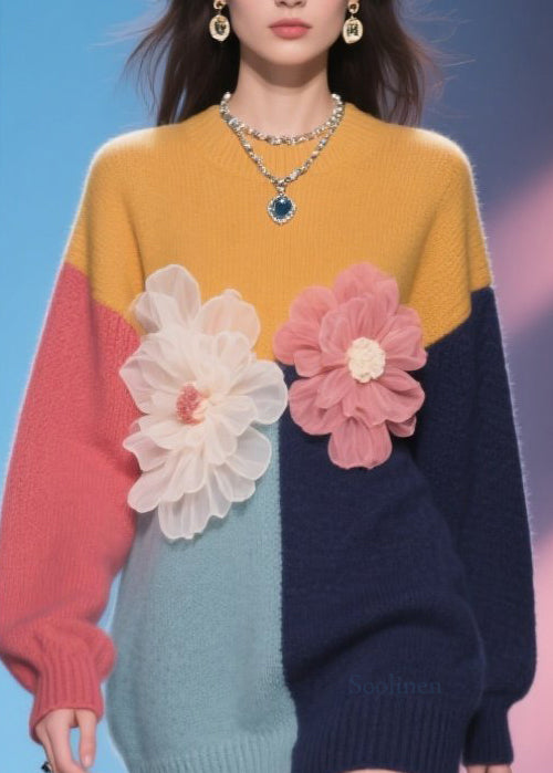 Italian Colorblock O Neck Floral Knit Mid Sweater Fall