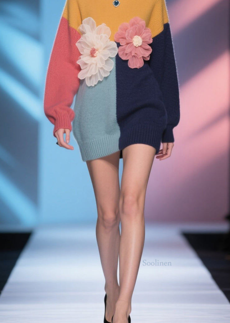 Italian Colorblock O Neck Floral Knit Mid Sweater Fall
