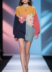 Italian Colorblock O Neck Floral Knit Mid Sweater Fall