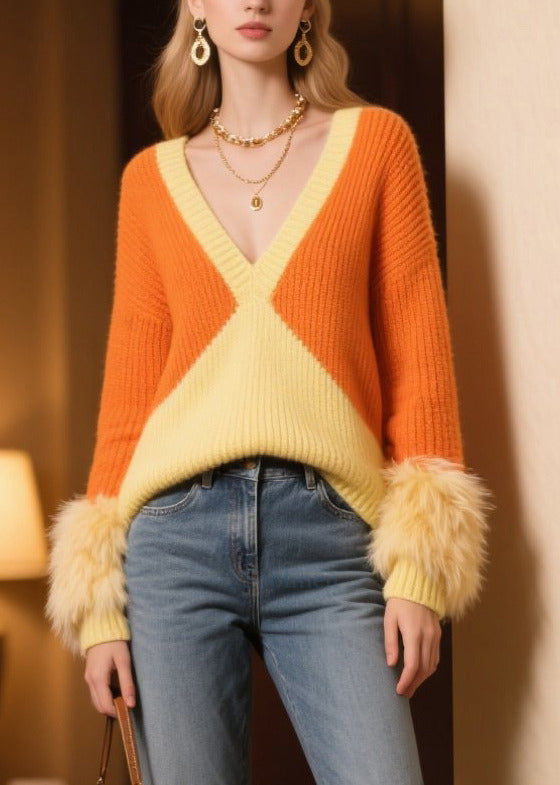 Italian Colorblock V Neck Patchwork Faux Fur Knit Pullover Winter