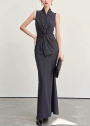 Italian Dark Gray V Neck Wrinkled Tank And Skirts Cotton Two Pieces Set Sleeveless