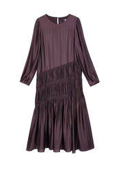 Italian Dark Purple O-Neck Wrinkled Long Dresses Fall
