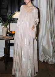 Italian Glutinous Rice Flour V Neck Wrinkled Silk Maxi Dresses Fall