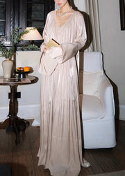 Italian Glutinous Rice Flour V Neck Wrinkled Silk Maxi Dresses Fall