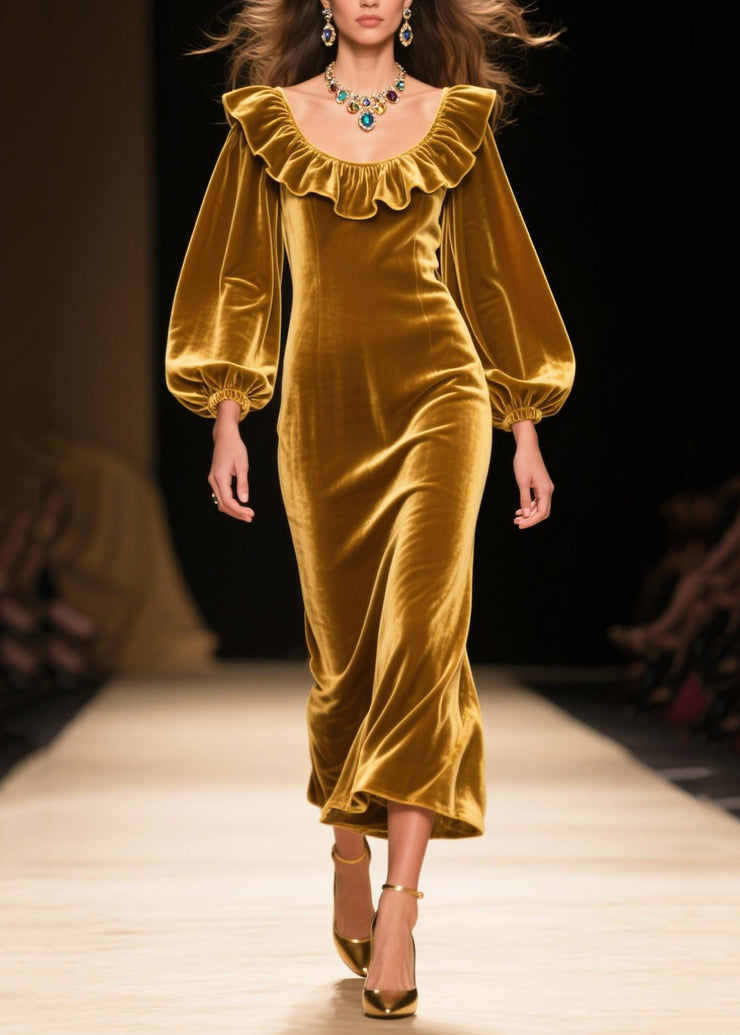 Italian Golden Ruffles Silk Velvet Robe Dresses Spring
