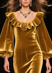 Italian Golden Ruffles Silk Velvet Robe Dresses Spring