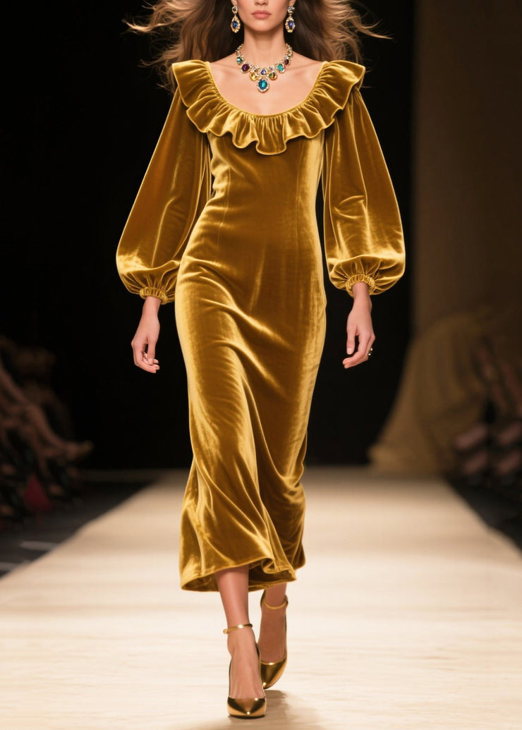 Italian Golden Ruffles Silk Velvet Robe Dresses Spring