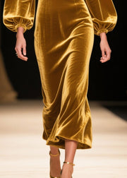 Italian Golden Ruffles Silk Velvet Robe Dresses Spring