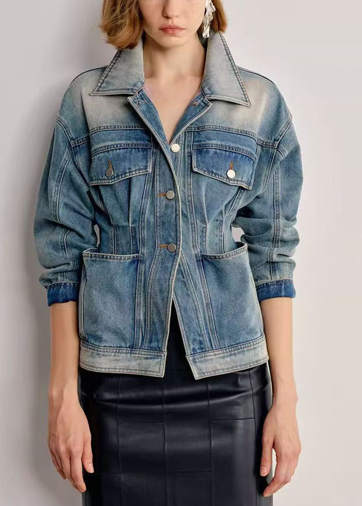 Italian Gradient Color Peter Pan Collar With Pockets Denim Coats Fall