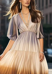Italian Gradient Color V Neck Tie Dye Silk Pleated Dress Summer