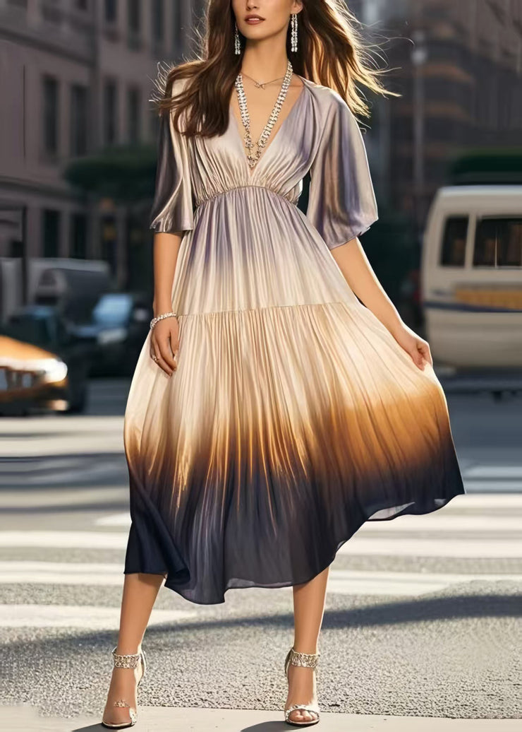 Italian Gradient Color V Neck Tie Dye Silk Pleated Dress Summer