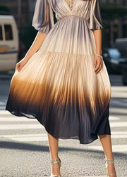 Italian Gradient Color V Neck Tie Dye Silk Pleated Dress Summer